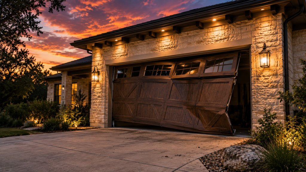 Damaged garage door requiring emergency repair at a New Braunfels Texas home