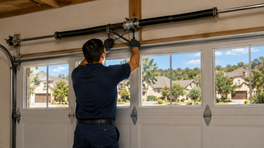 Technician performing garage door spring repair in Comal County Texas