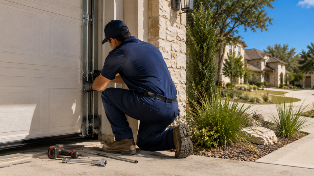Technician repairing a garage door cable at a residential property in New Braunfels TX