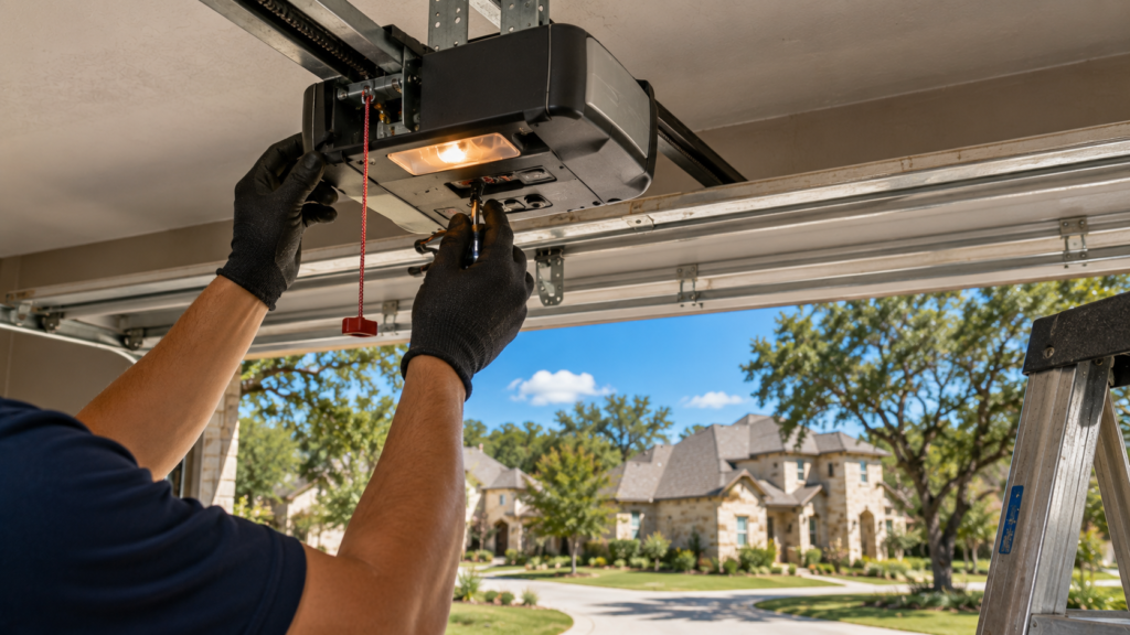 Technician adjusting a garage door opener in a Texas Hill Country home