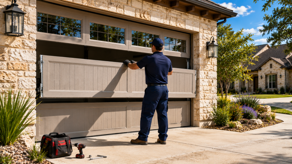 Garage door panel replacement service at a New Braunfels Texas residence