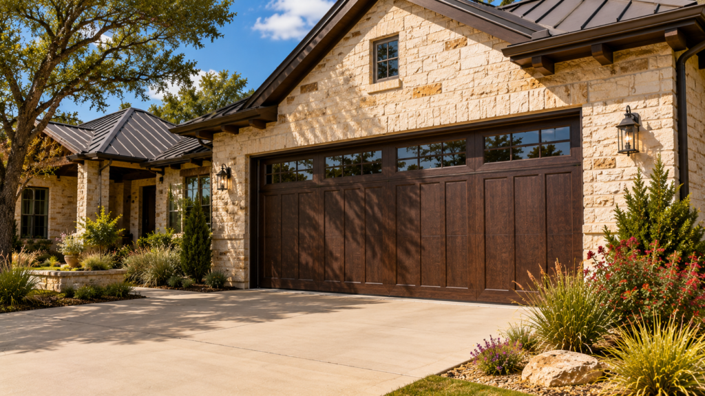 Newly installed garage door on a luxury Texas Hill Country home