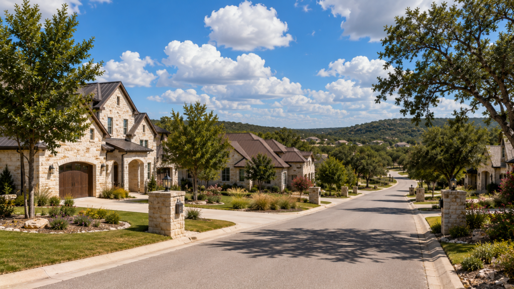 Upscale residential neighborhood in New Braunfels Texas with custom homes