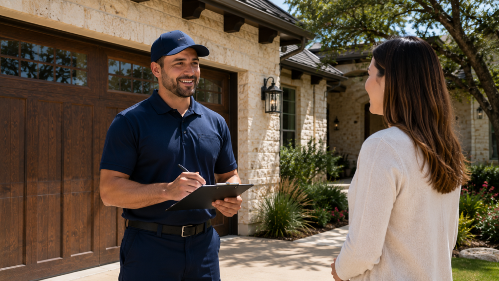 Technician discussing garage door service options with a homeowner